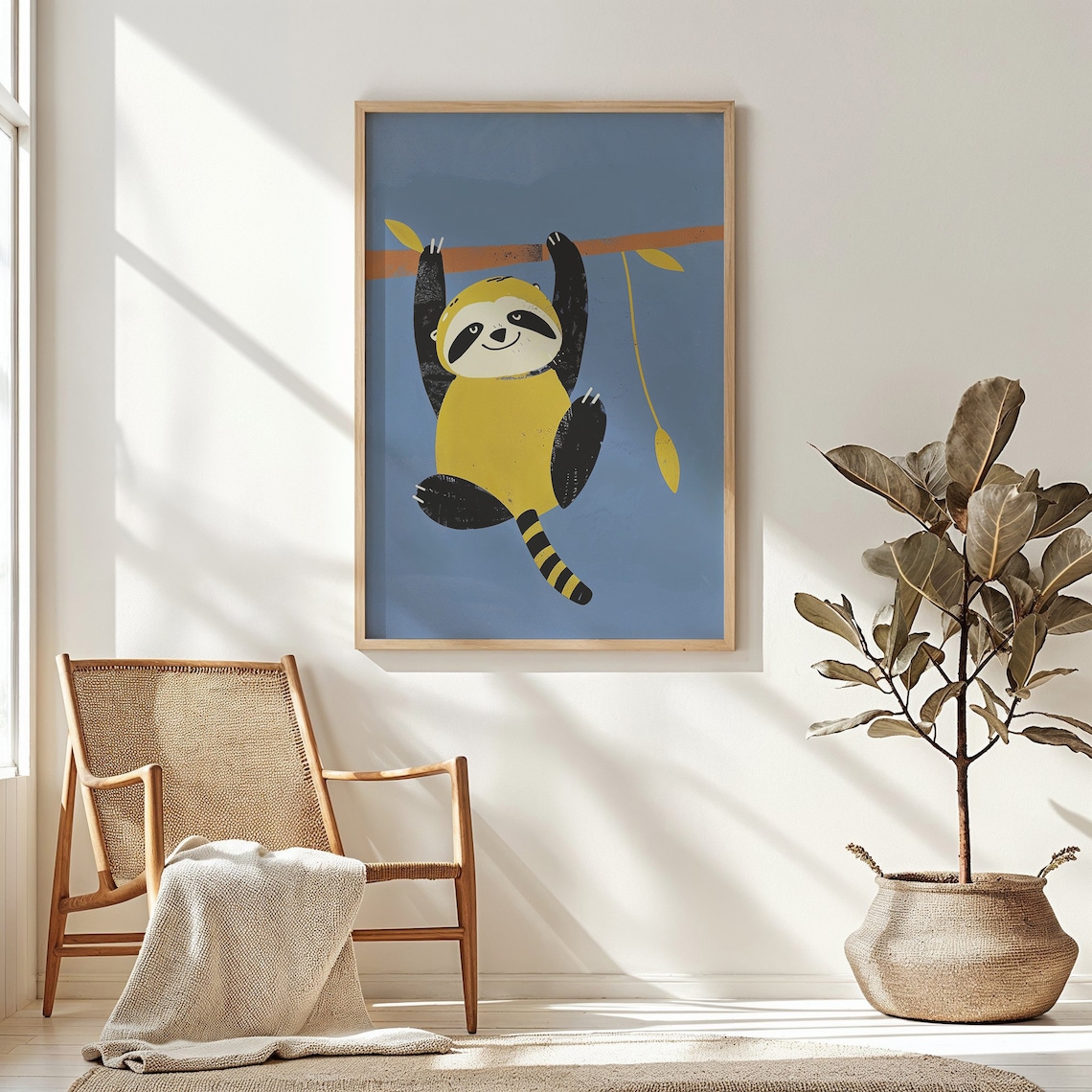 Cute Sloth Hanging From Branch Cartoon Nursery Kids Room Animal Poster
