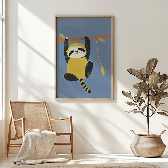 Cute Sloth Hanging From Branch Cartoon Nursery Kids Room Animal Poster