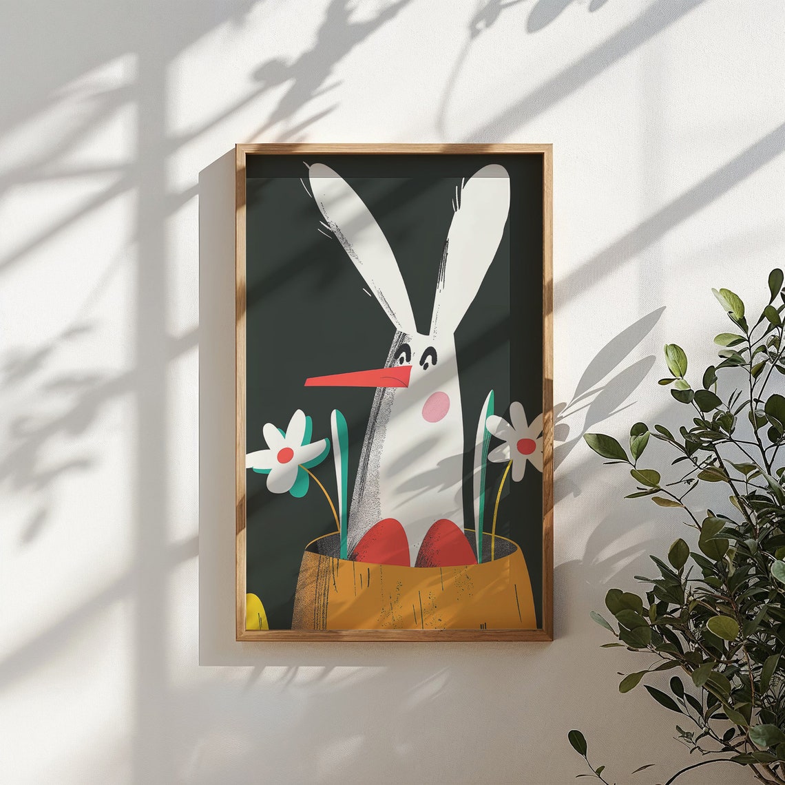 Playful Bunny Peeking Easter Basket Flowers Bold Cartoon Poster - Image 4
