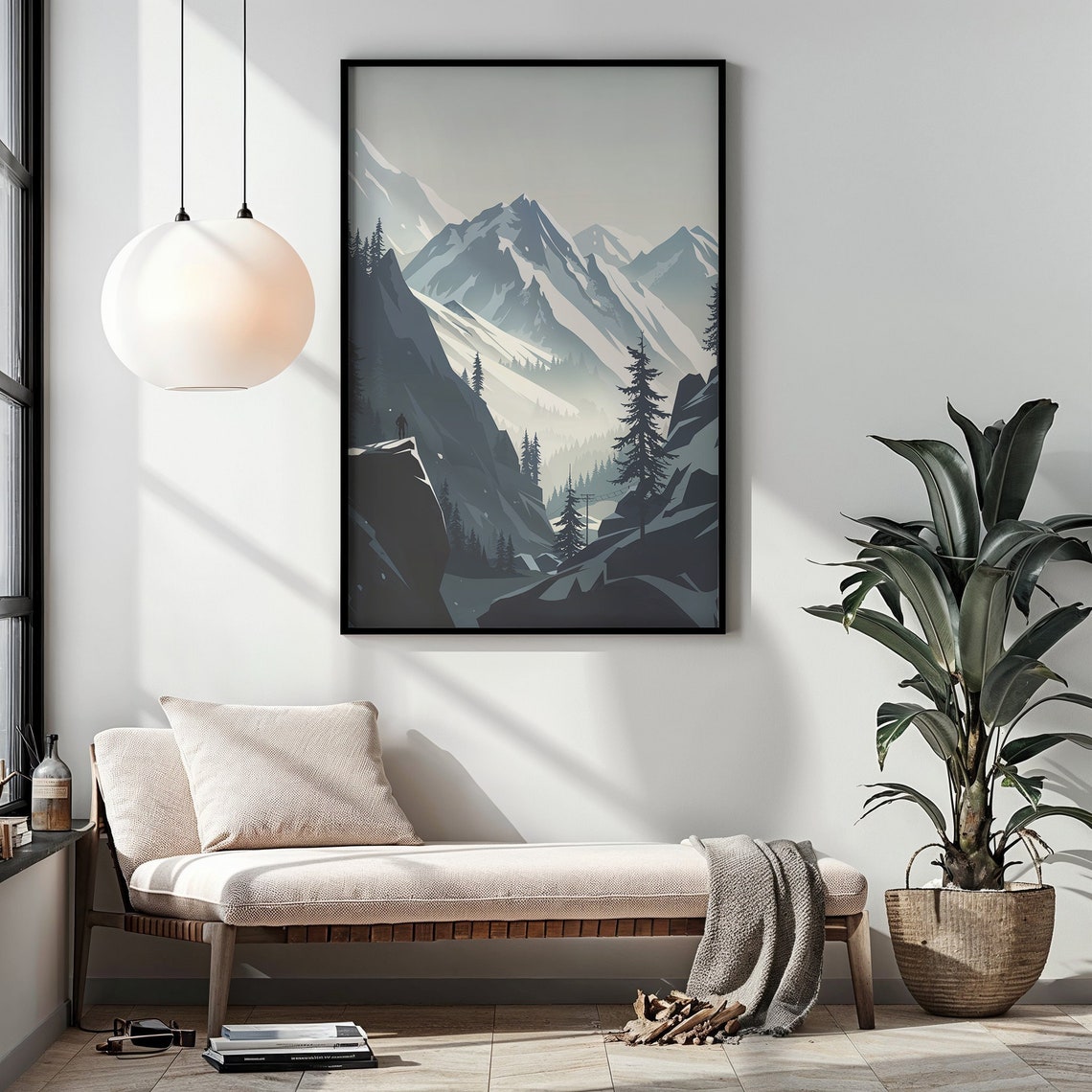 Snowy Mountain Valley Lone Hiker Misty Blue Winter Travel Poster