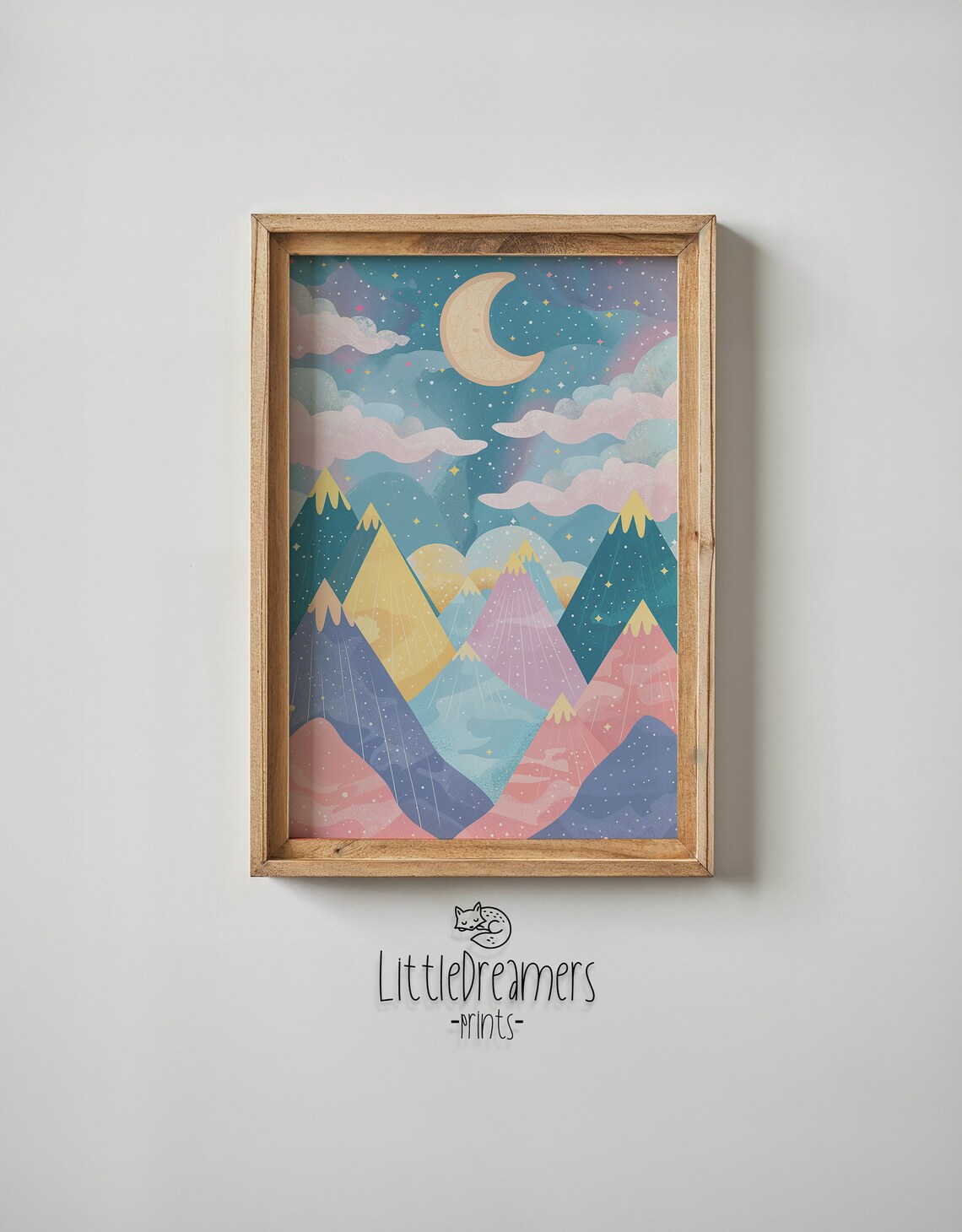 Whimsical Mountain Night Sky Moon and Stars Art Print