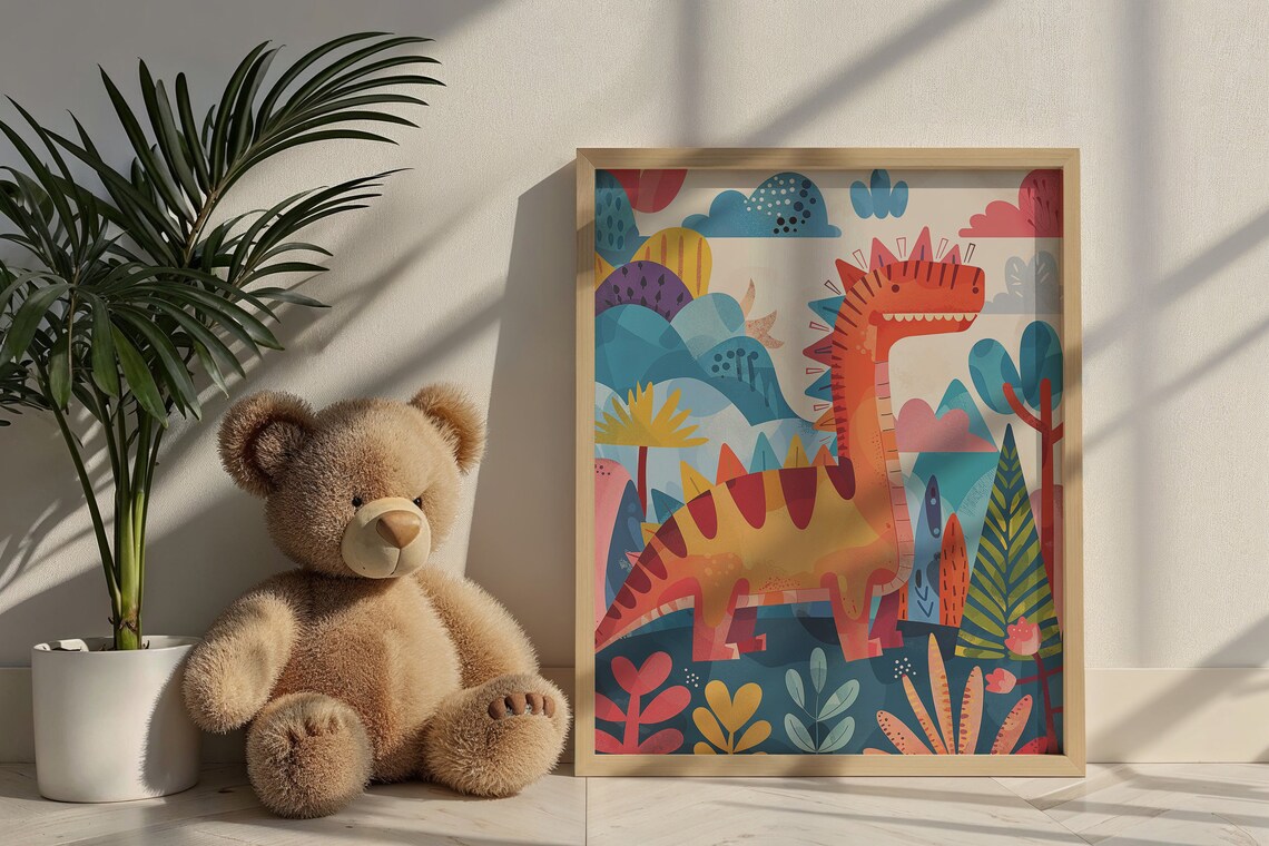 Cute Orange Spotted Dinosaur Jungle Scene Kids Room Nursery Poster - Image 6