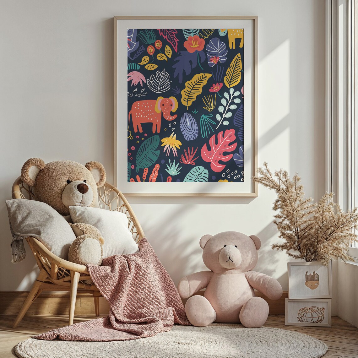 Dark Jungle Animal Botanical Pattern Coral Elephant Nursery Wall Art Print - Image 2