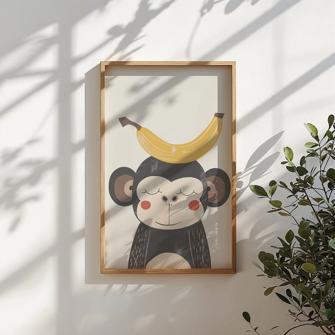 Cute Monkey Balancing Yellow Banana Sweet Smiling Nursery Art Poster