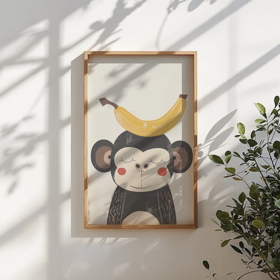 Cute Monkey Balancing Yellow Banana Sweet Smiling Nursery Art Poster
