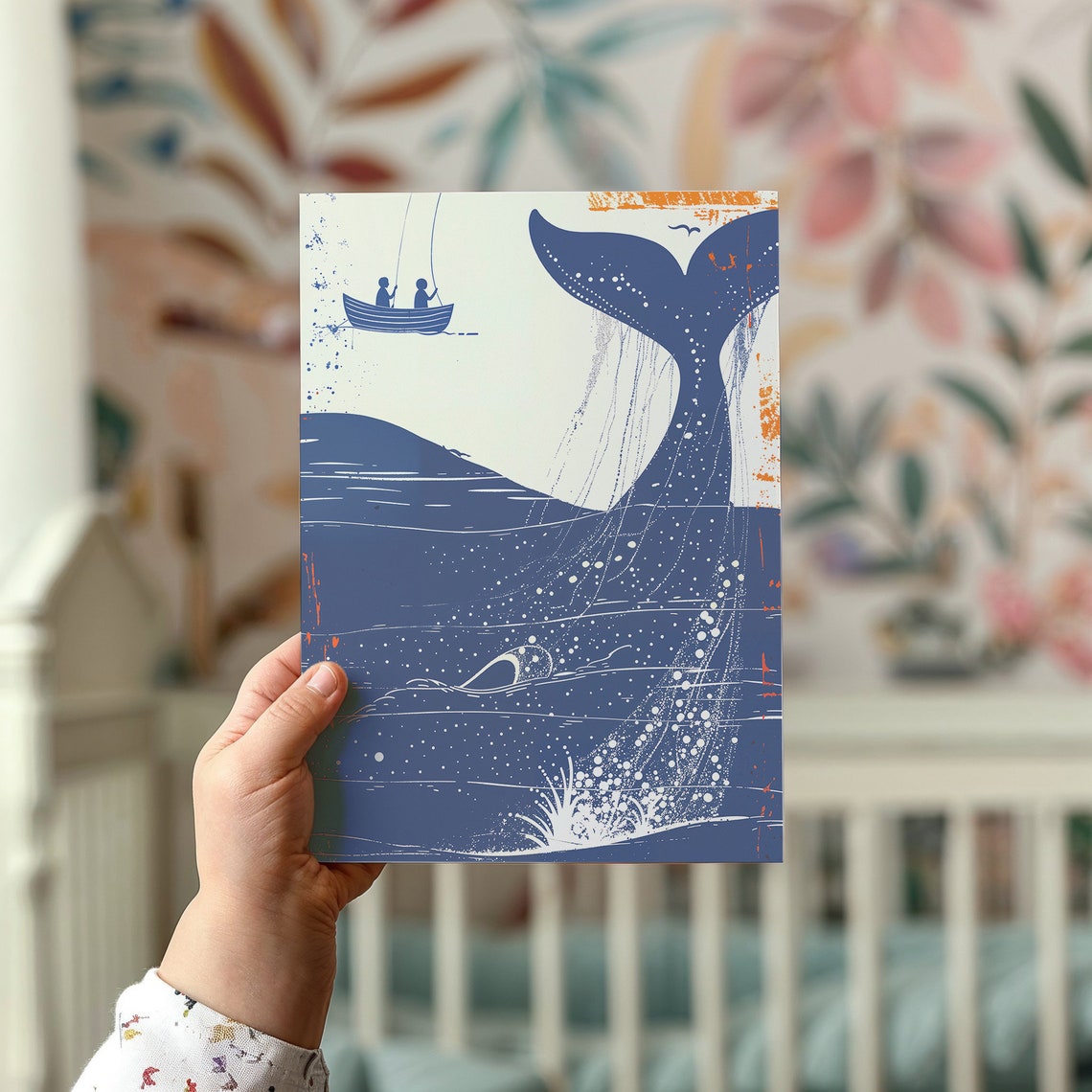 Whale Tail Diving Fishing Boat Deep Blue Orange Nautical Art Poster - Image 2