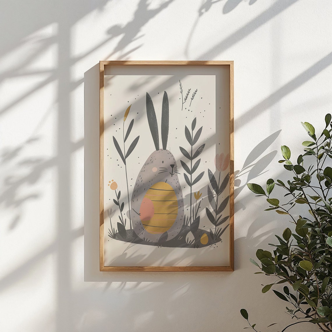 Gray Bunny Hugging Big Easter Egg Scandinavian Kids Room Poster - Image 6
