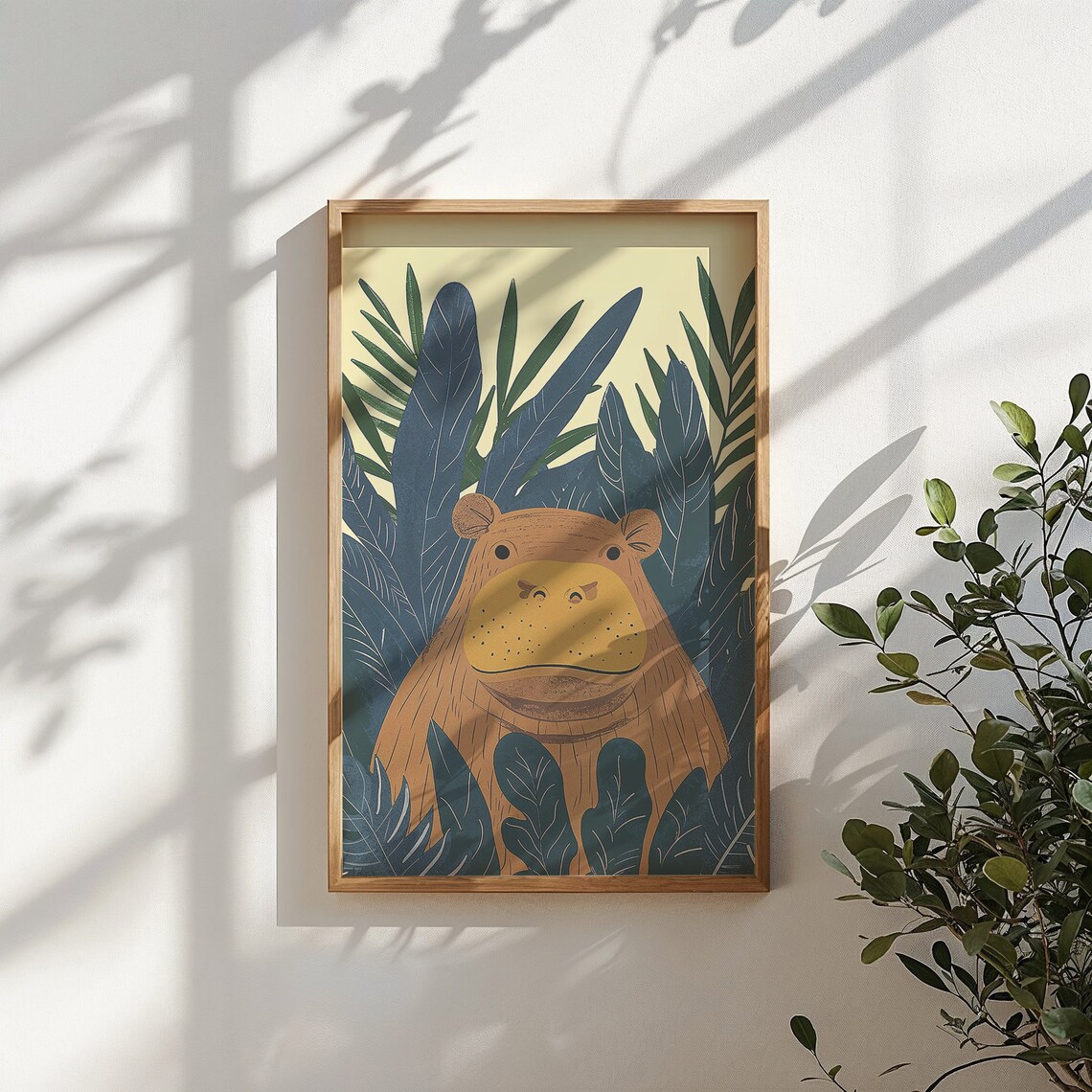 Smiling Hippo Peeking From Navy Jungle Leaves Nursery Poster - Image 3