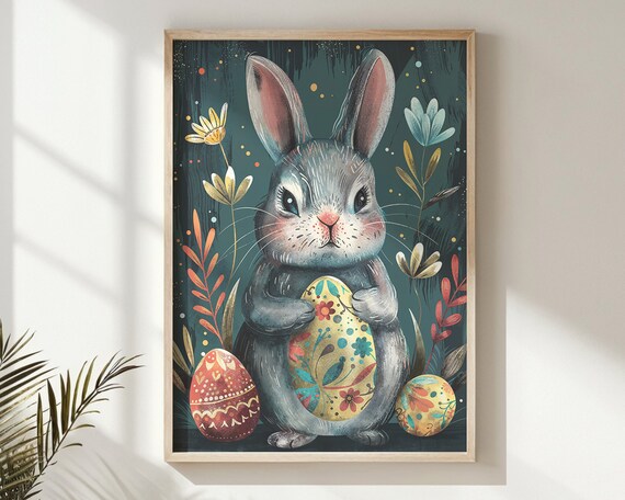 Gray Bunny Holding Painted Easter Egg Dark Teal Storybook Poster