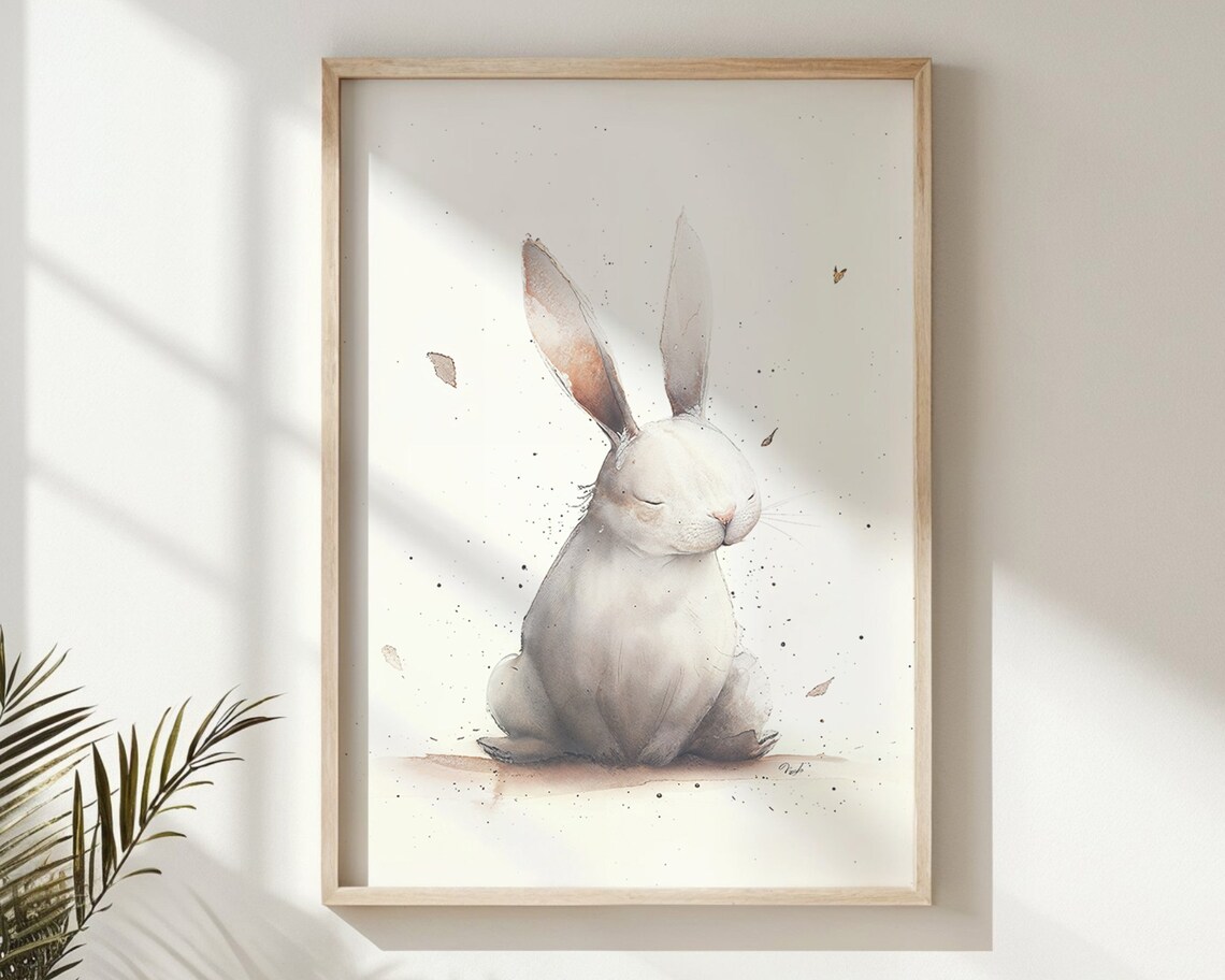 Sleepy White Bunny Watercolor Soft Neutral Nursery Kids Room Art Poster
