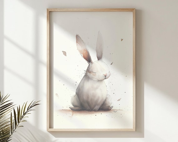 Sleepy White Bunny Watercolor Soft Neutral Nursery Kids Room Art Poster