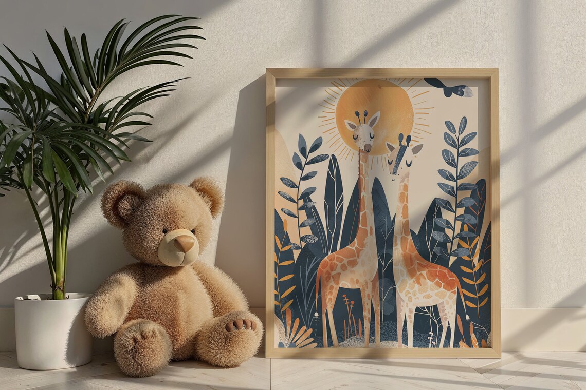 Two Giraffes Sun Nursery Poster Jungle Foliage Safari Kids Room Art - Image 6