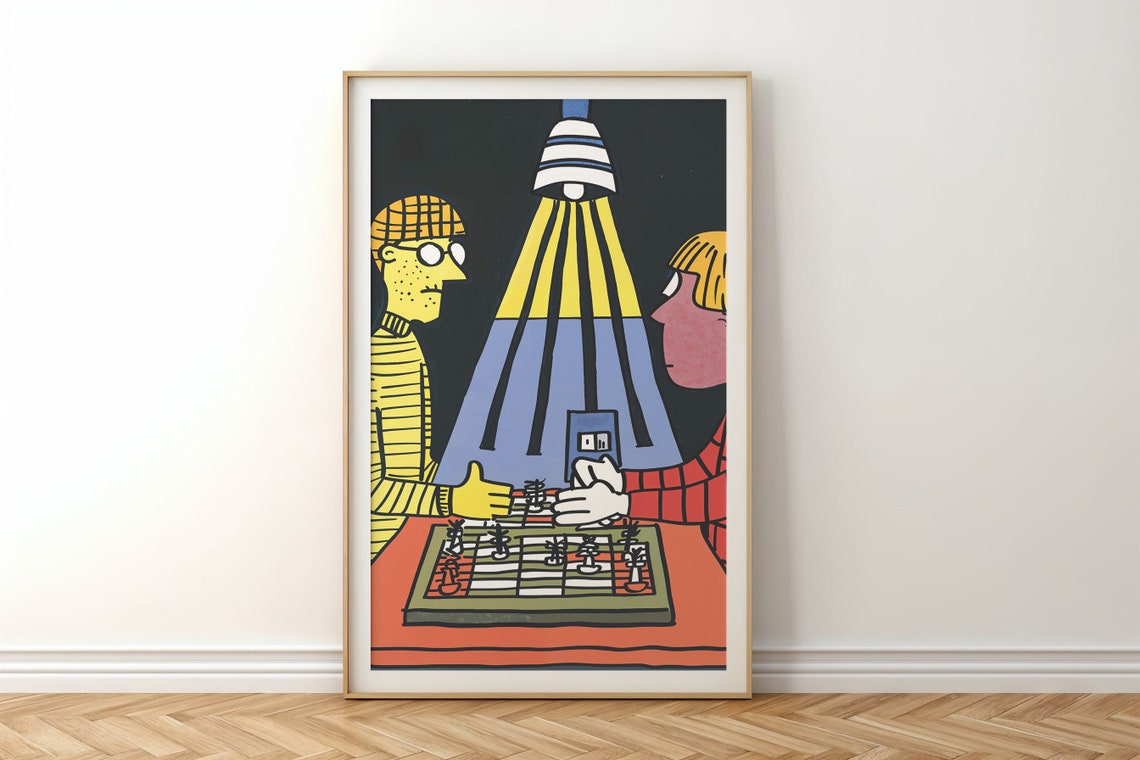 Chess Players Under Lamplight Retro Cartoon Game Night Wall Poster - Image 5