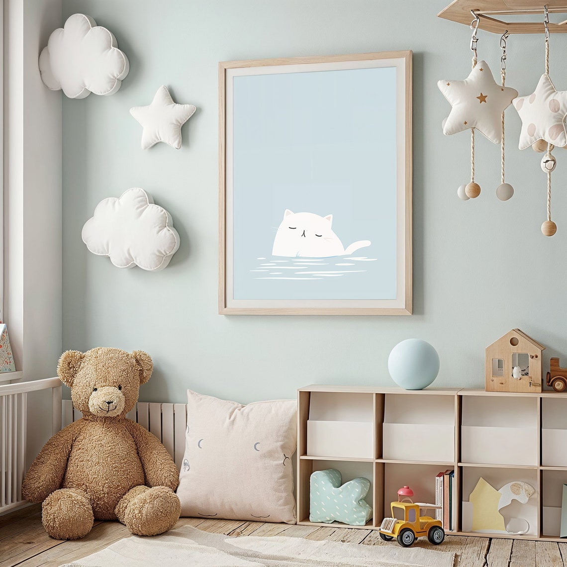 White Cat Bath Time Calm Blue Minimalist Nursery Wall Art Poster - Image 2