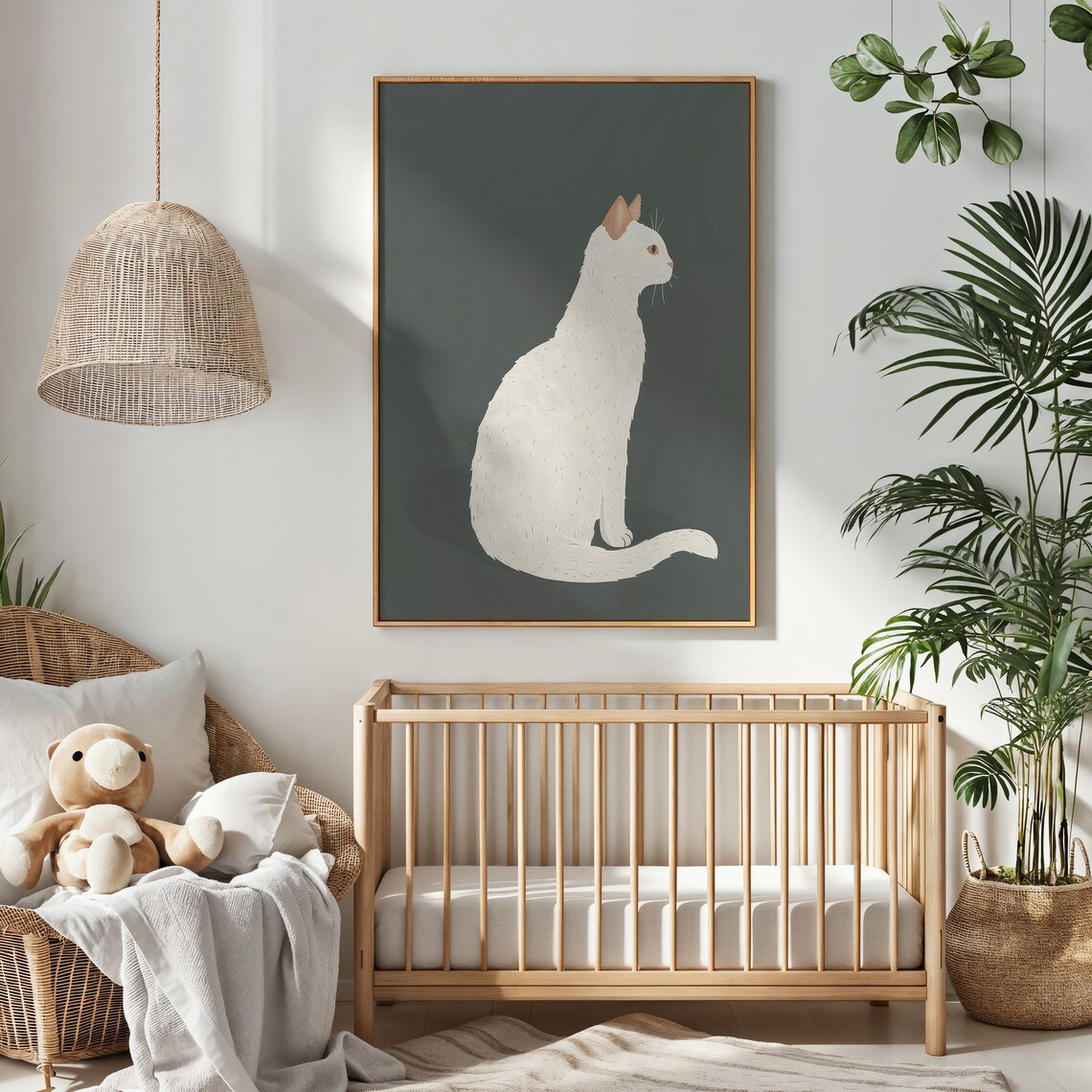 White Cat Nursery Art Print, Neutral Animal Illustration - Image 2