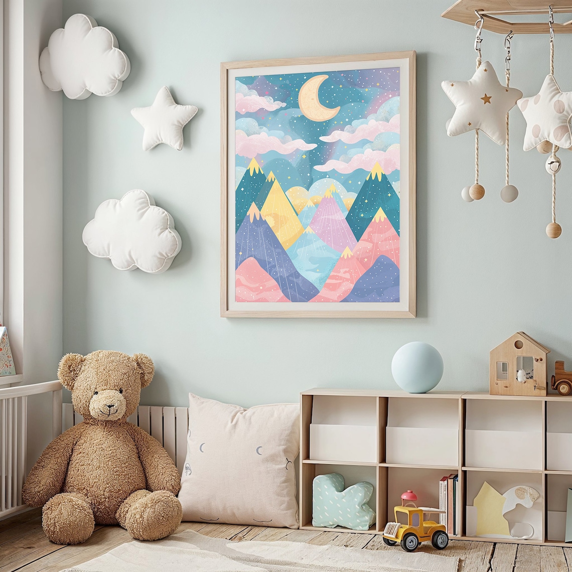 Whimsical Mountain Night Sky Moon and Stars Art Print - Image 2