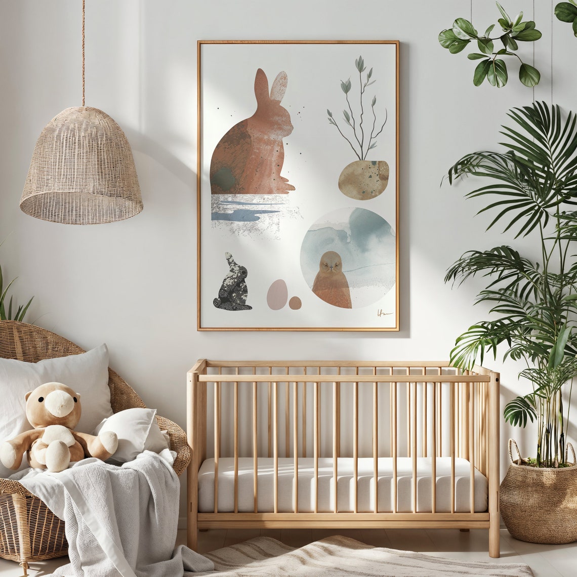 Abstract Bunny And Owl Watercolor Neutral Minimalist Kids Art Print - Image 3
