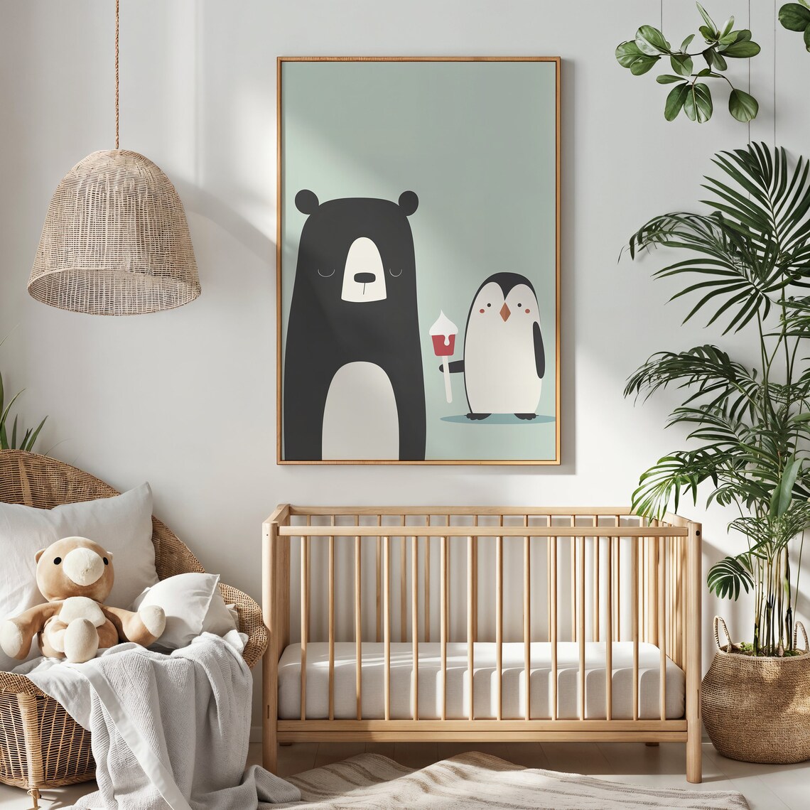 Bear Penguin Friends Red Ice Cream Mint Background Kids Wall Poster - Image 3