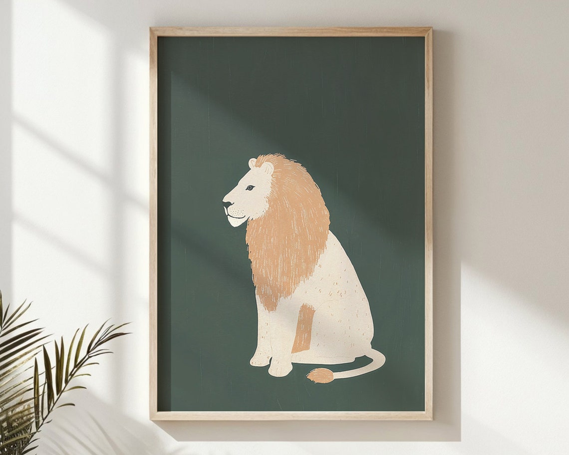 Lion With Golden Mane On Forest Green Minimalist Nursery Safari Poster