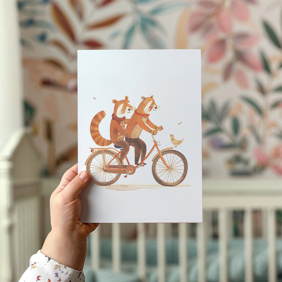 Two Red Pandas Riding Tandem Bike Watercolor Nursery Kids Room Poster - Image 2