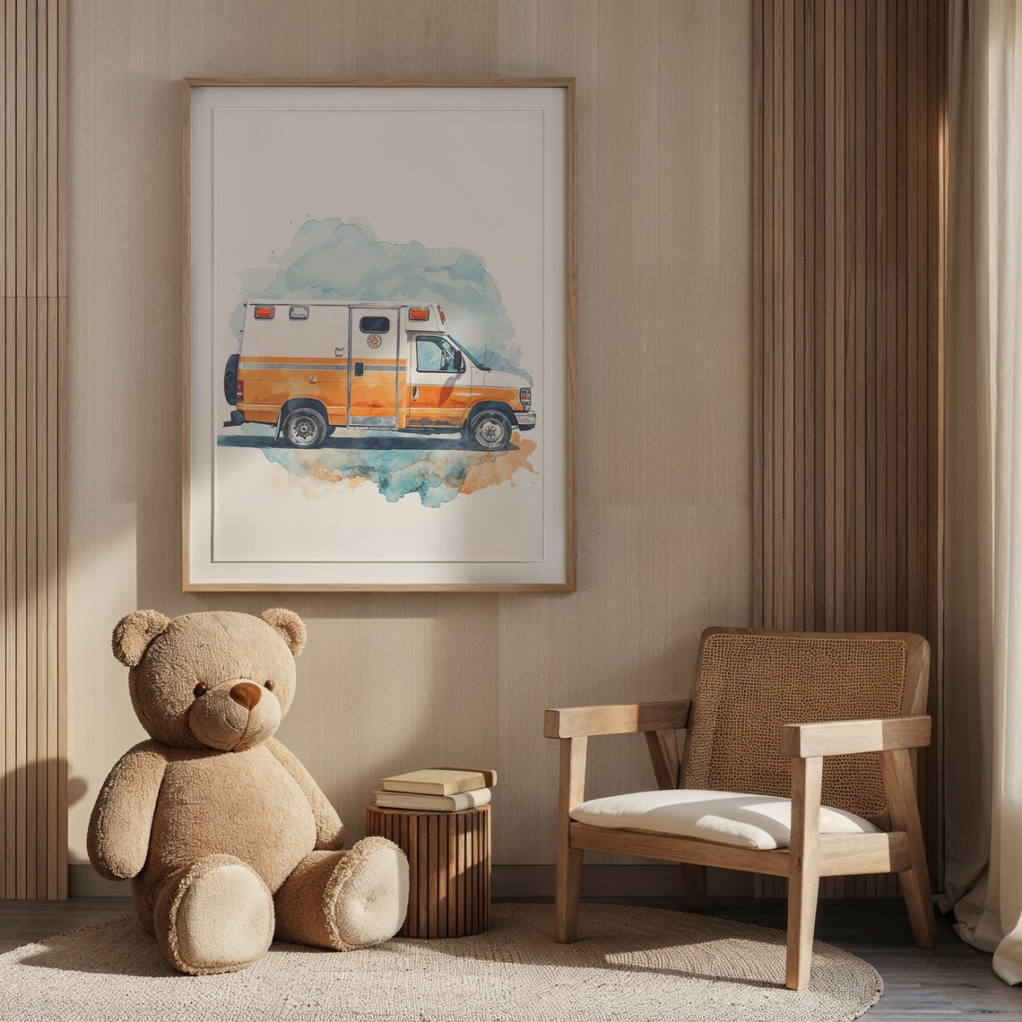 Orange Watercolor Ambulance Van Splash Art Kids Room Wall Poster - Image 4
