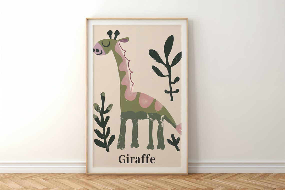 Smiling Green Giraffe Pink Patches Jungle Leaves Kids Wall Poster - Image 5