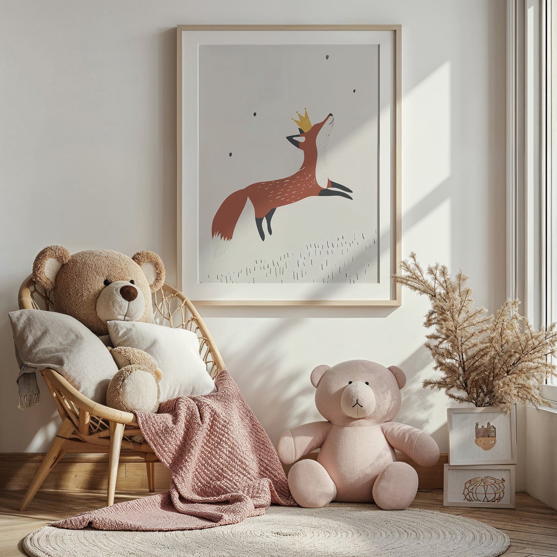 Rust Red Fox Gold Crown Leaping Minimalist Neutral Nursery Wall Poster - Image 2