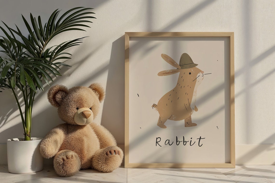 Rabbit Wearing Hat Cream Background Kids Nursery Bedroom Art Poster - Image 5