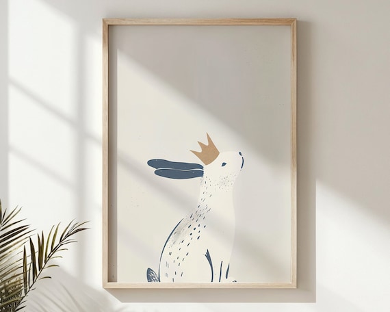 Crowned White Bunny Blue Ears Minimalist Neutral Nursery Wall Poster