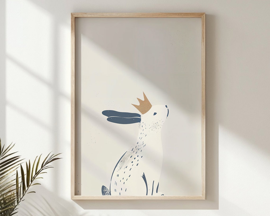 Crowned White Bunny Blue Ears Minimalist Neutral Nursery Wall Poster