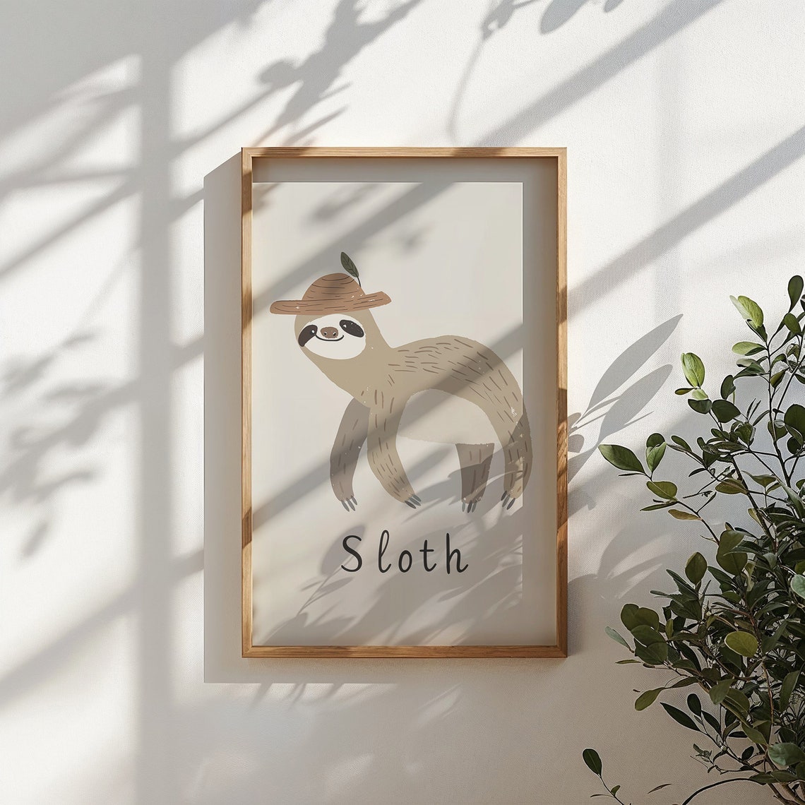 Sloth Wearing Safari Hat Cream Neutral Nursery Kids Room Art Poster - Image 3