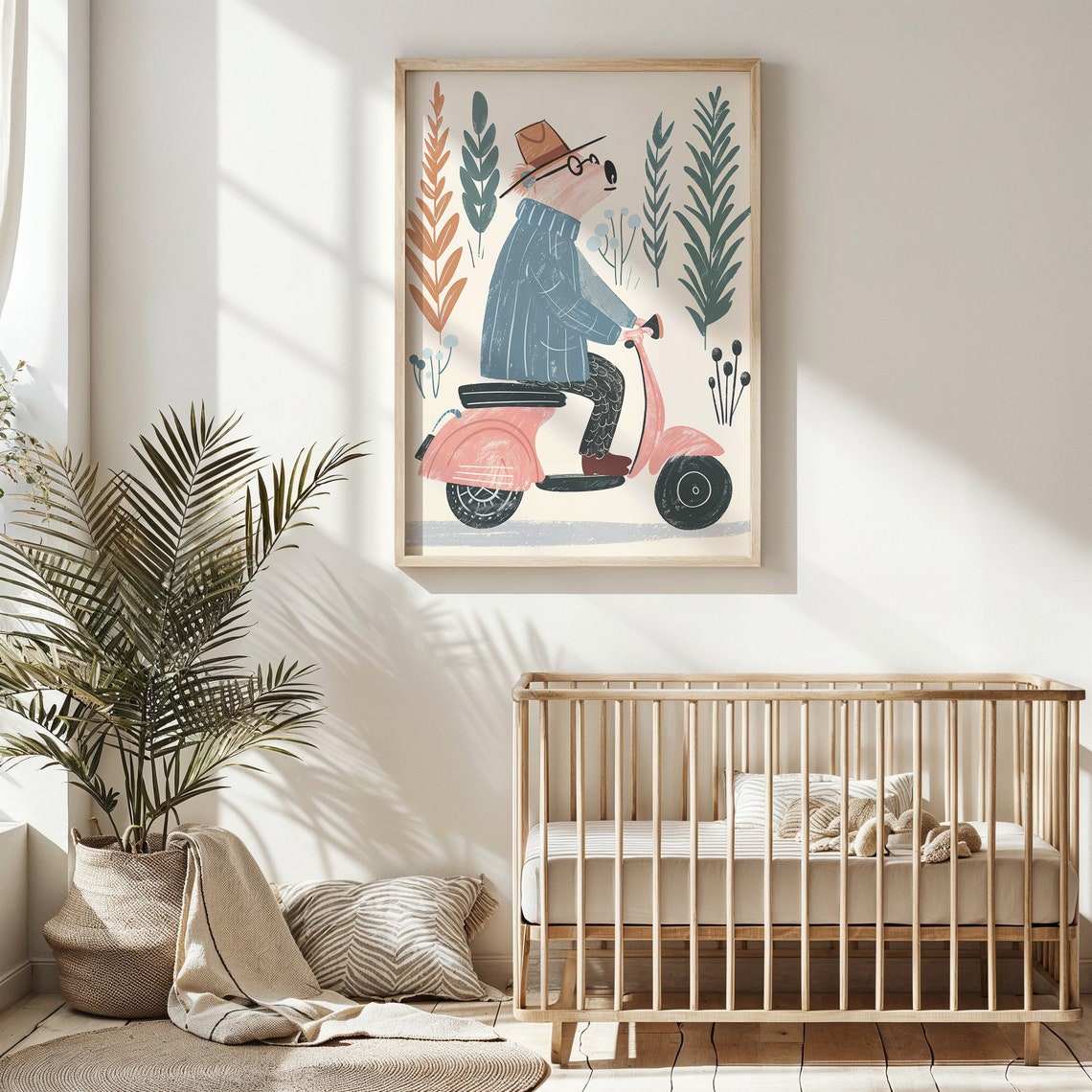 Bear Riding Pink Scooter Nursery Poster Hat Glasses Playful Kids Art