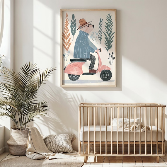 Bear Riding Pink Scooter Nursery Poster Hat Glasses Playful Kids Art