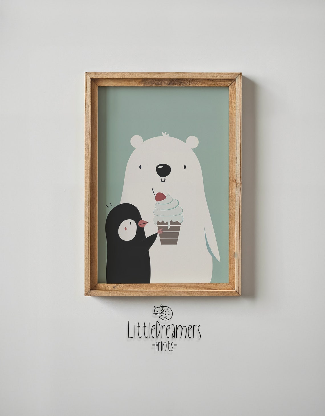 Polar Bear Penguin Sharing Ice Cream Mint Background Kids Poster - Image 4