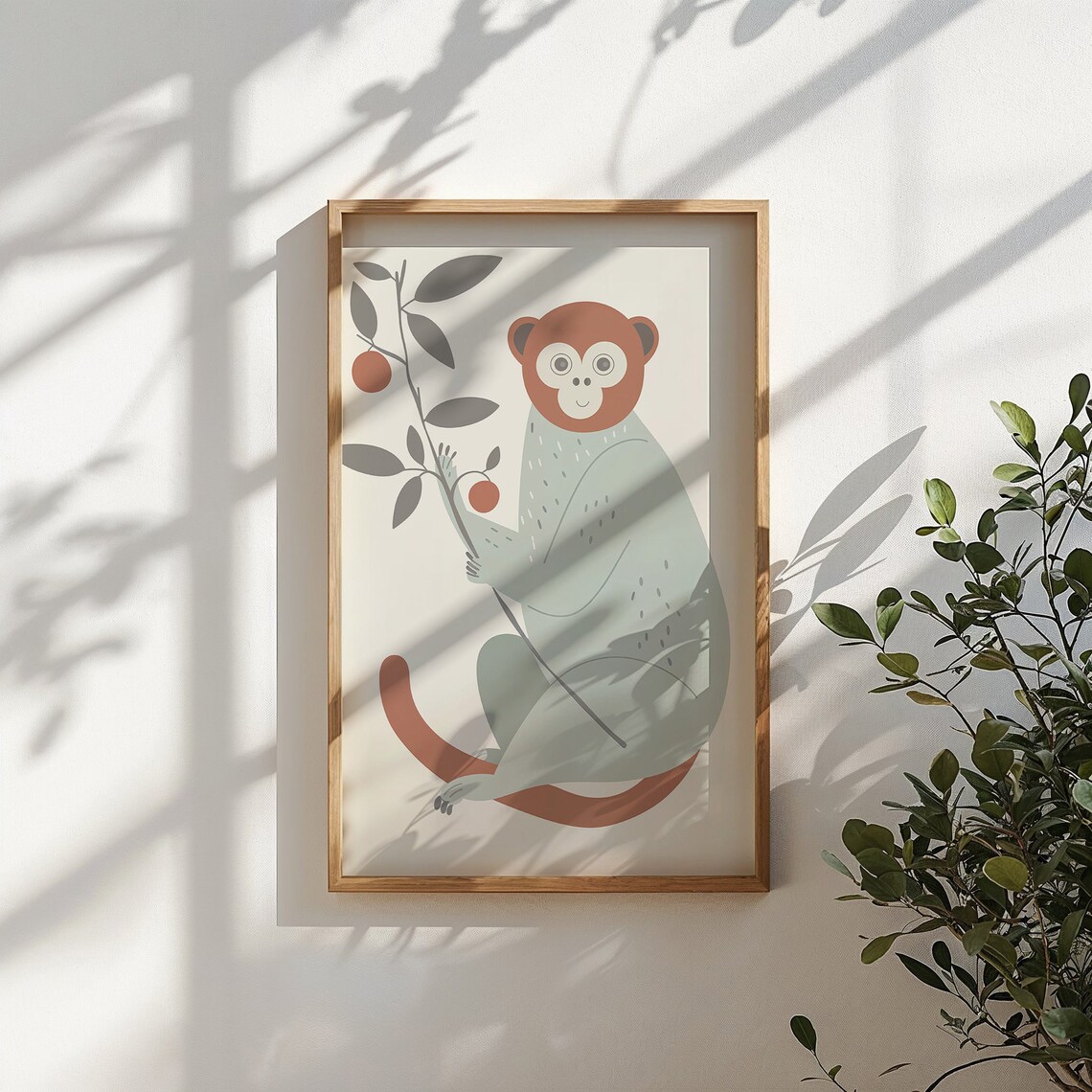 Cute Monkey With Fruit Branch Sage Terracotta Minimalist Wall Art Poster - Image 4
