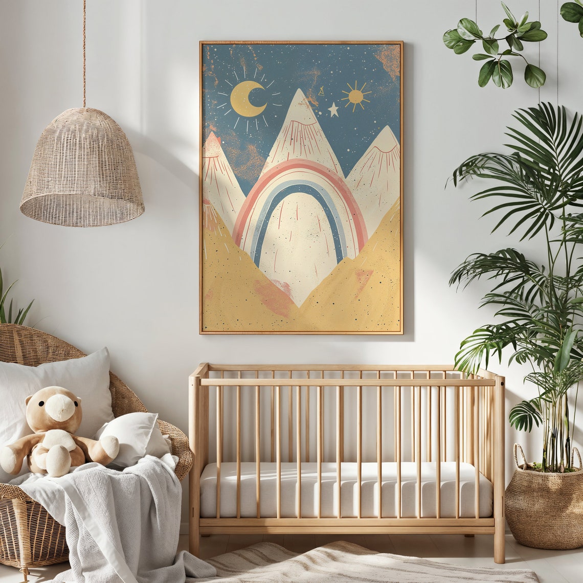 Mountain Landscape Nursery Wall Art Celestial Sun And Moon Kids Poster Childrens Room Decor Retro Rainbow Print Gift Idea - Image 2