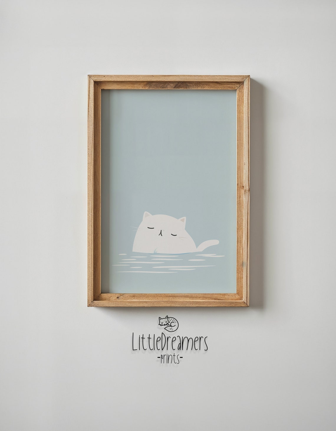 White Cat Bath Time Calm Blue Minimalist Nursery Wall Art Poster - Image 6