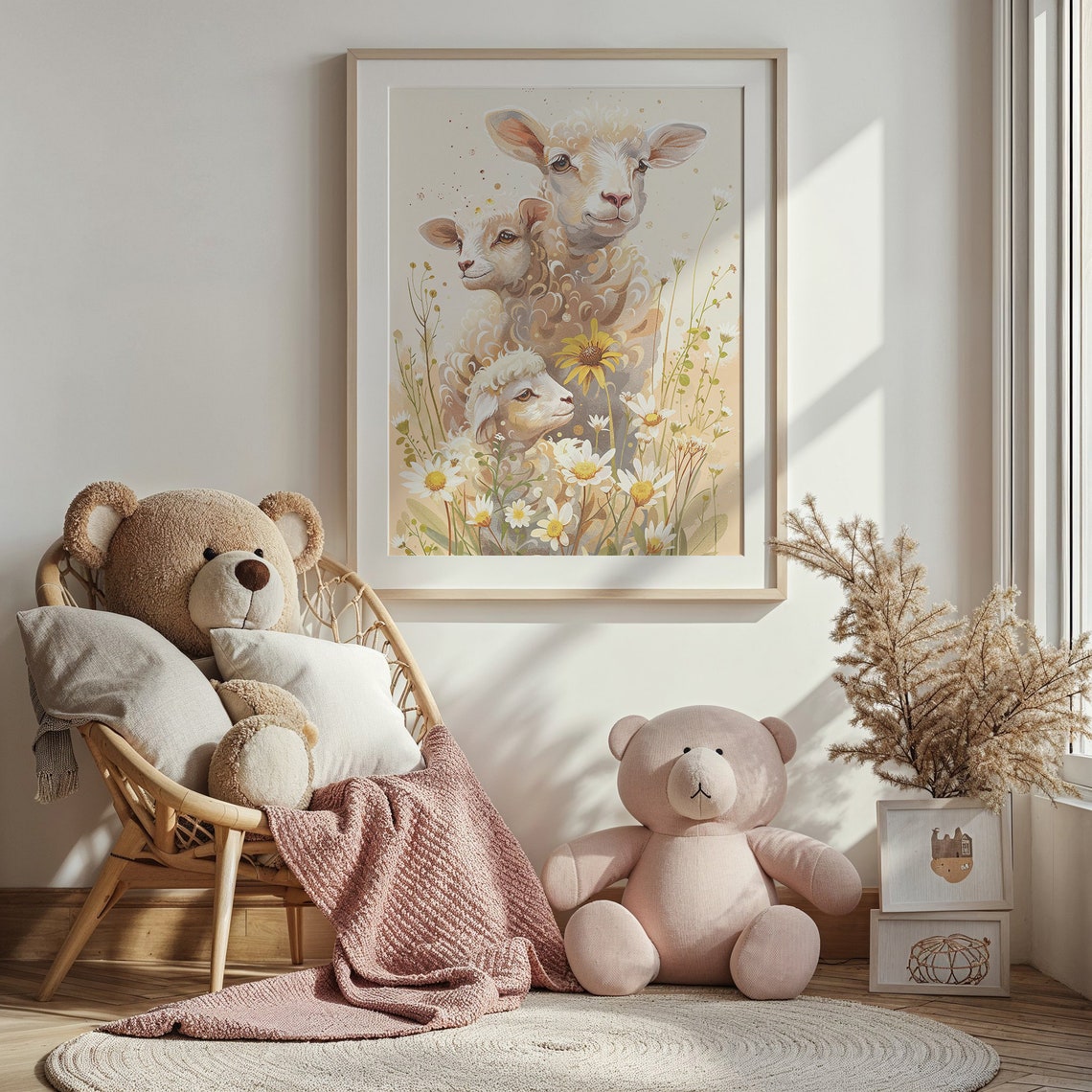 Mother Sheep And Two Lambs Daisy Meadow Watercolor Nursery Poster - Image 4