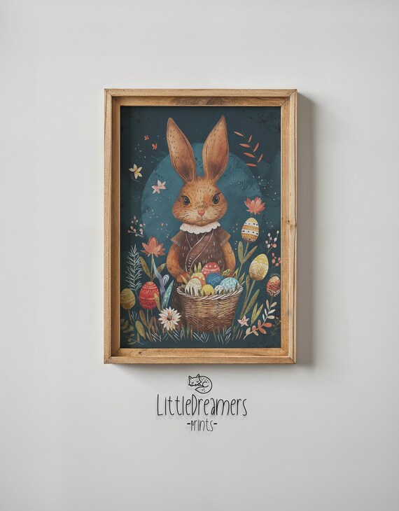 Brown Bunny Dress Collar Egg Basket Night Garden Storybook Poster