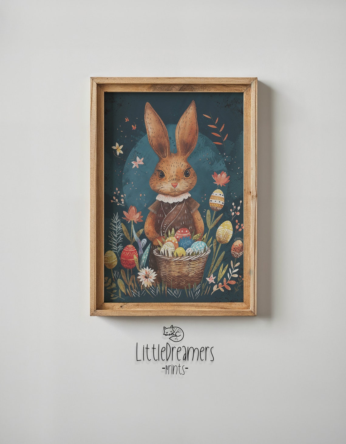 Brown Bunny Dress Collar Egg Basket Night Garden Storybook Poster