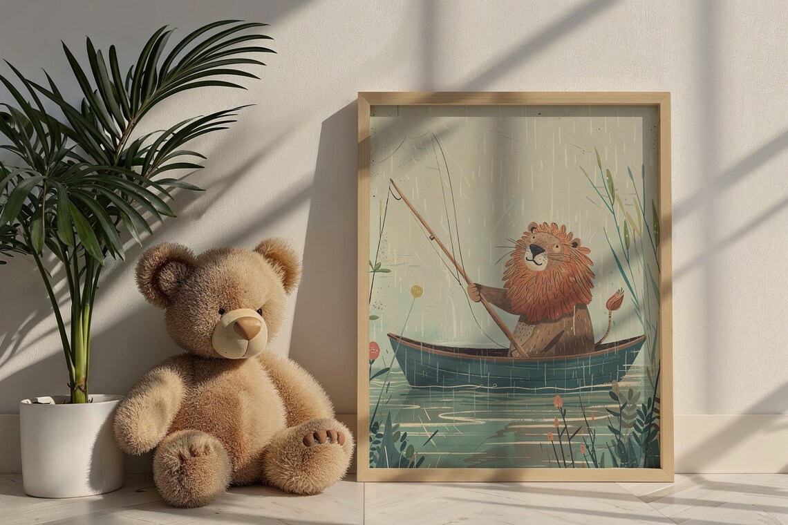 Lion Fishing From Boat Whimsical Lake Illustration Kids Wall Art Poster - Image 6