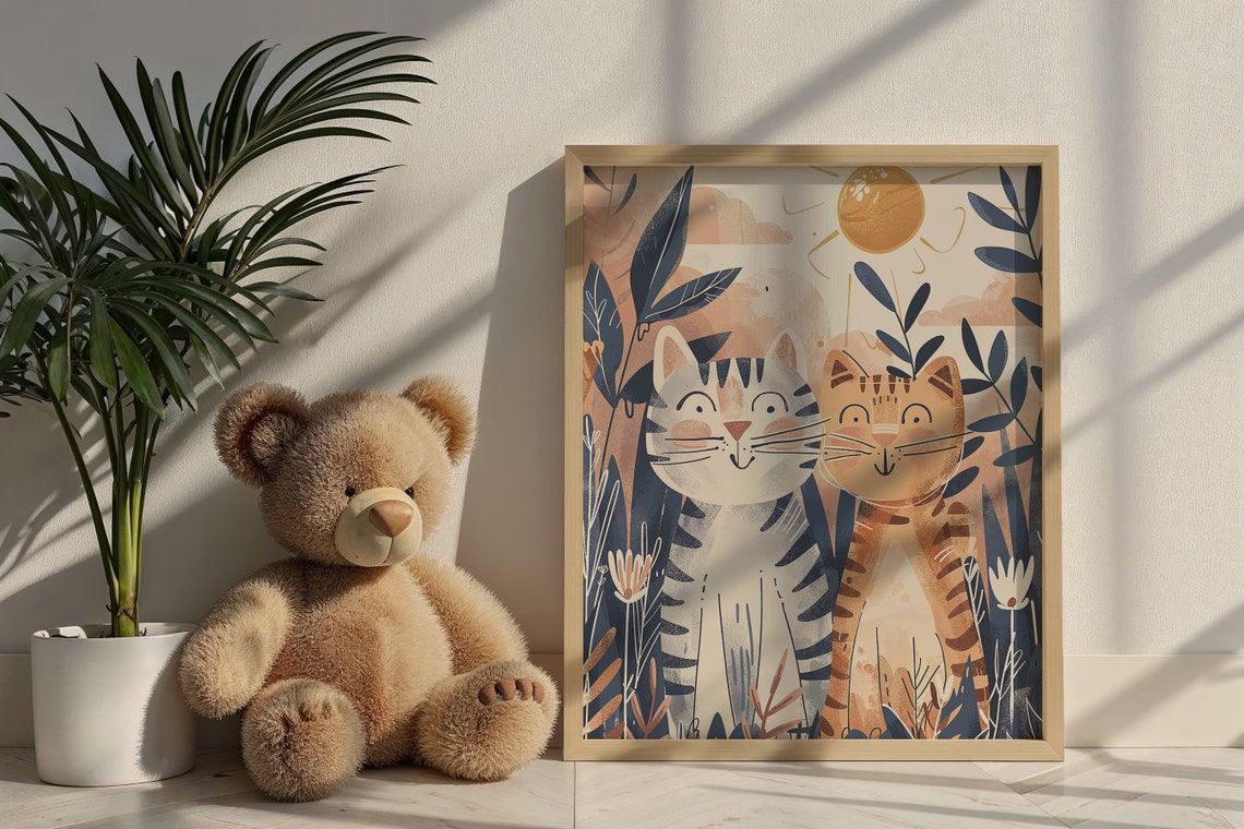 Two Smiling Cats Sun Nursery Poster Jungle Foliage Playful Kids Art - Image 6