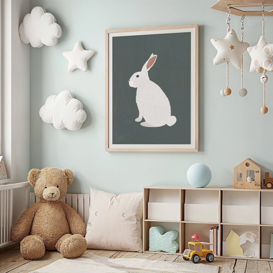 White Bunny On Forest Green Background Minimalist Nursery Animal Poster - Image 3