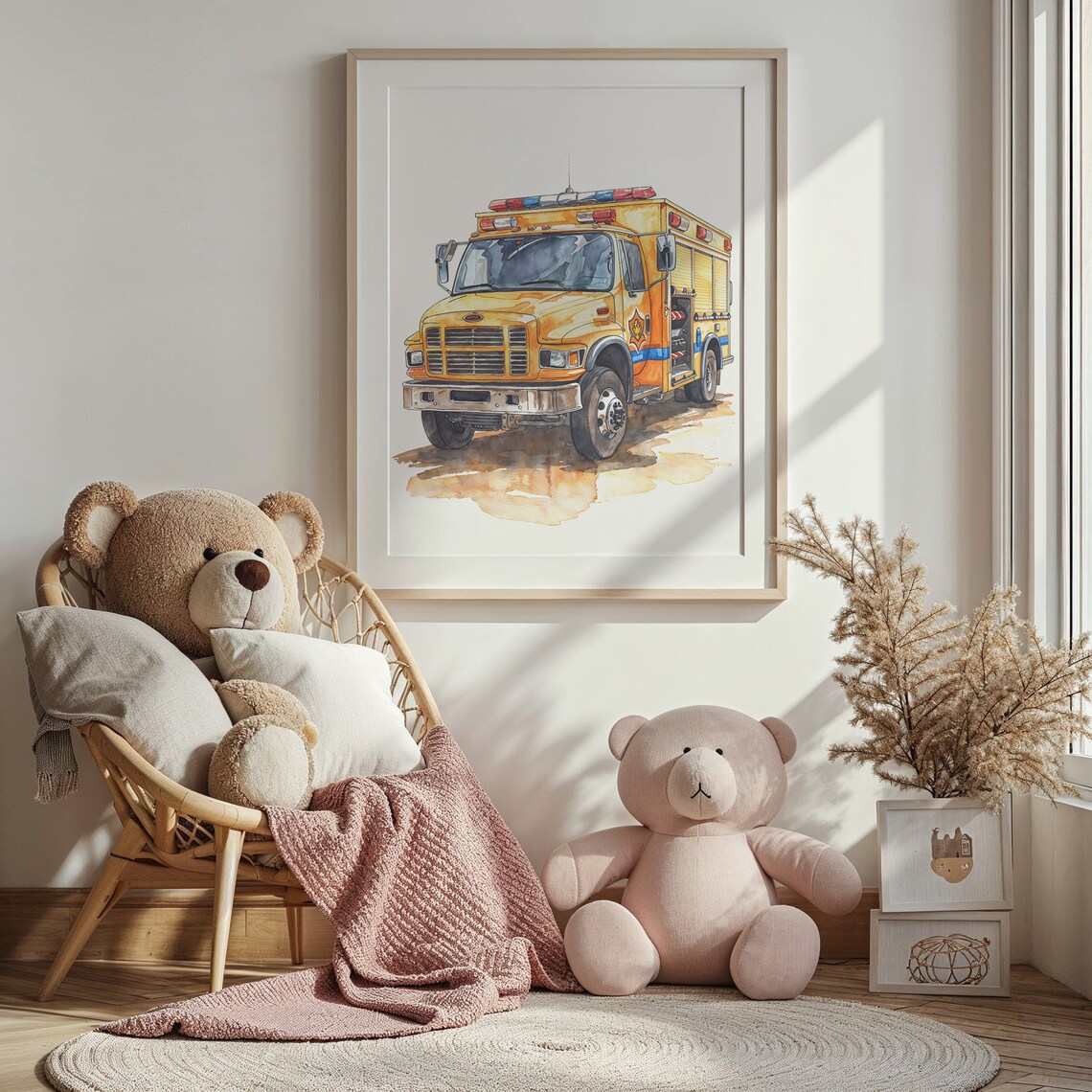 Yellow Watercolor Fire Truck Front View Kids Room Emergency Poster - Image 3