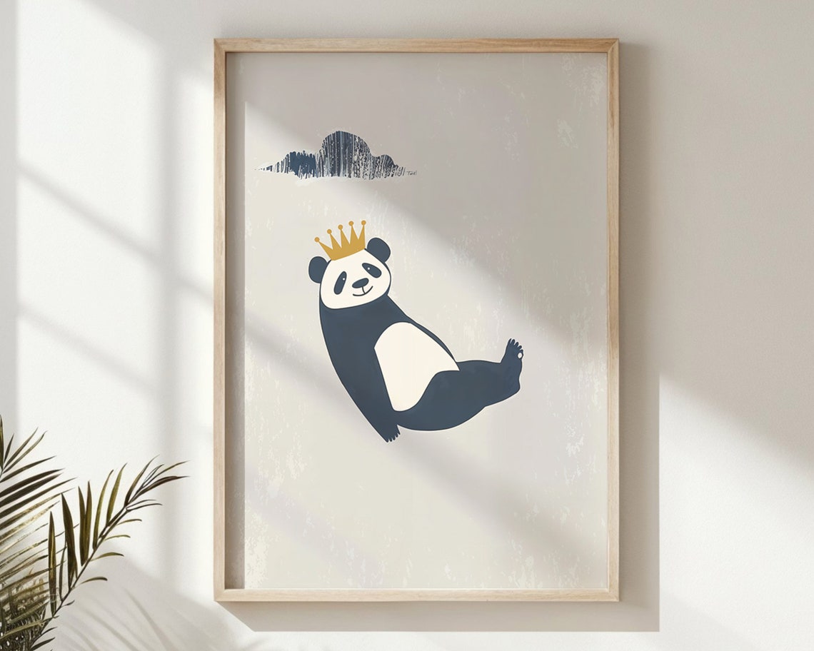 Navy Panda Gold Crown Minimalist Beige Neutral Kids Room Wall Poster - Image 5