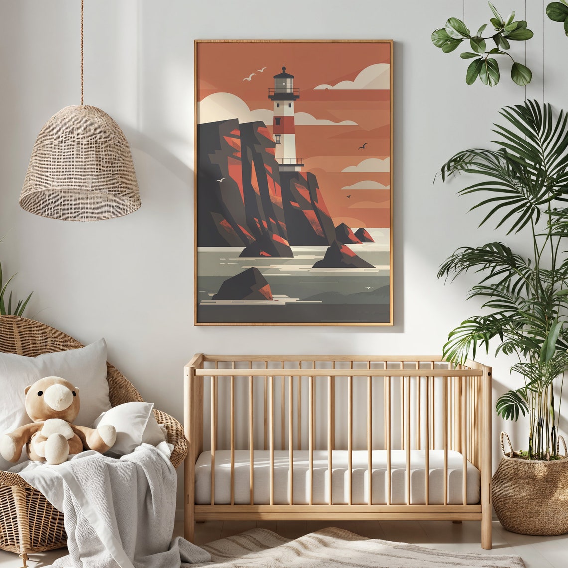 Lighthouse Red Cliffs Rocky Islets Orange Sky Seagulls Vintage Poster - Image 2