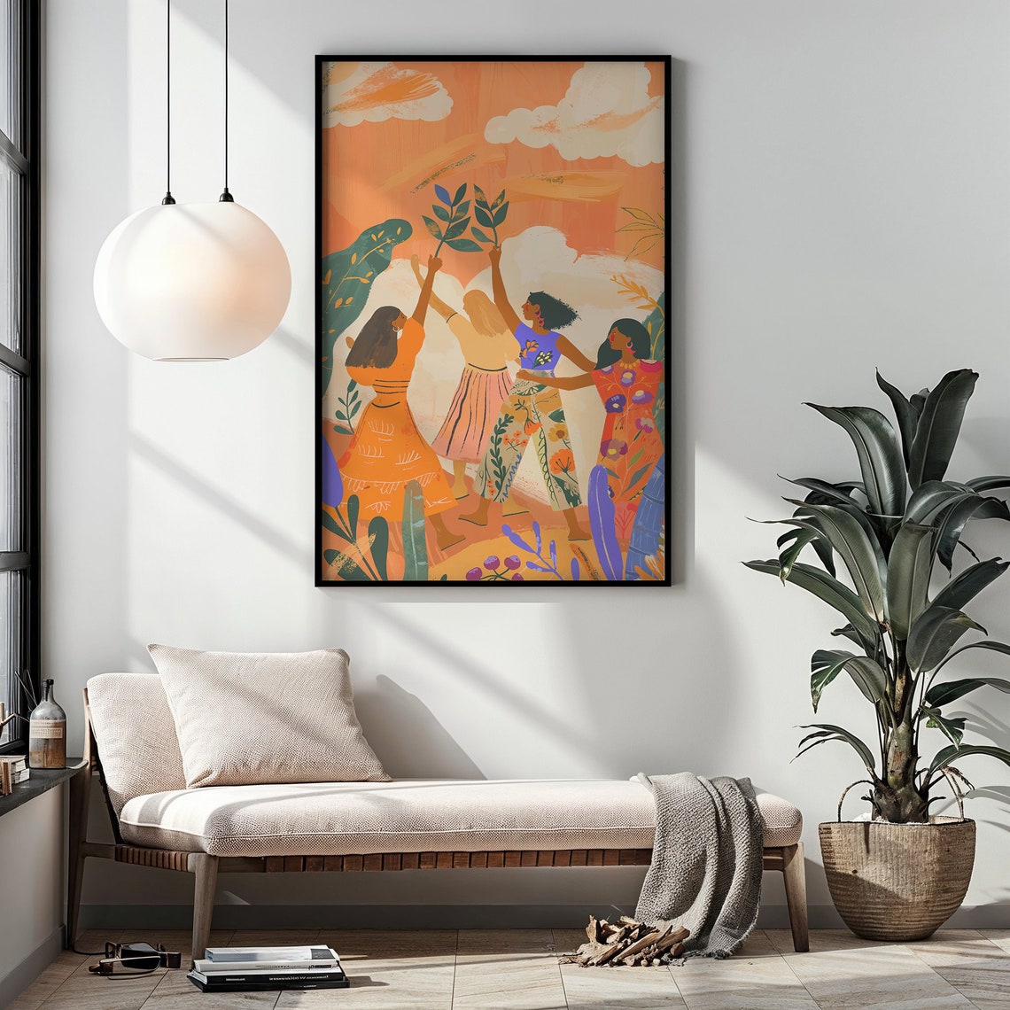 Diverse Women Holding Branches Aloft Orange Sky Friendship Poster