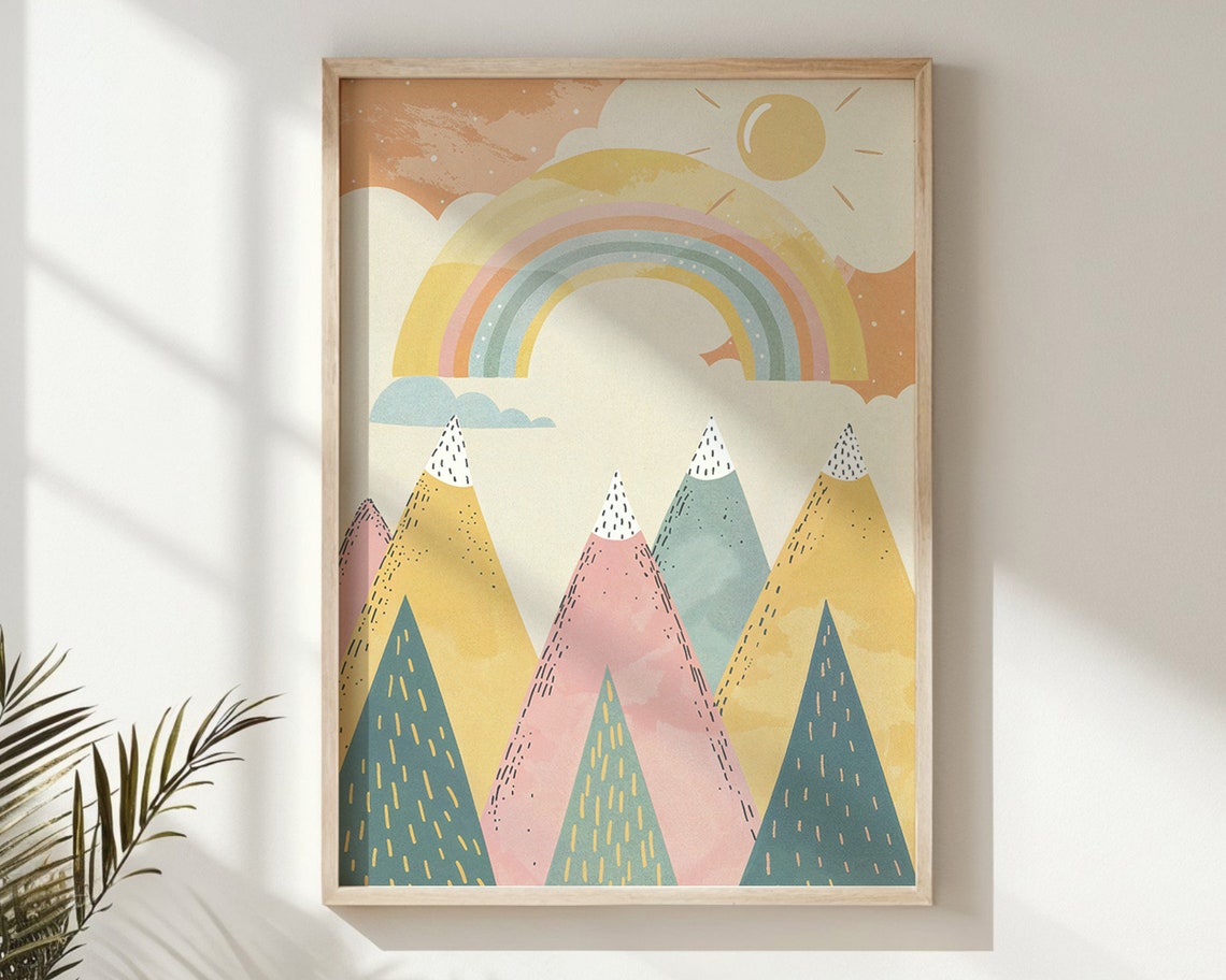 Rainbow Over Pastel Mountain Peaks Cheerful Playful Nursery Art Poster - Image 6