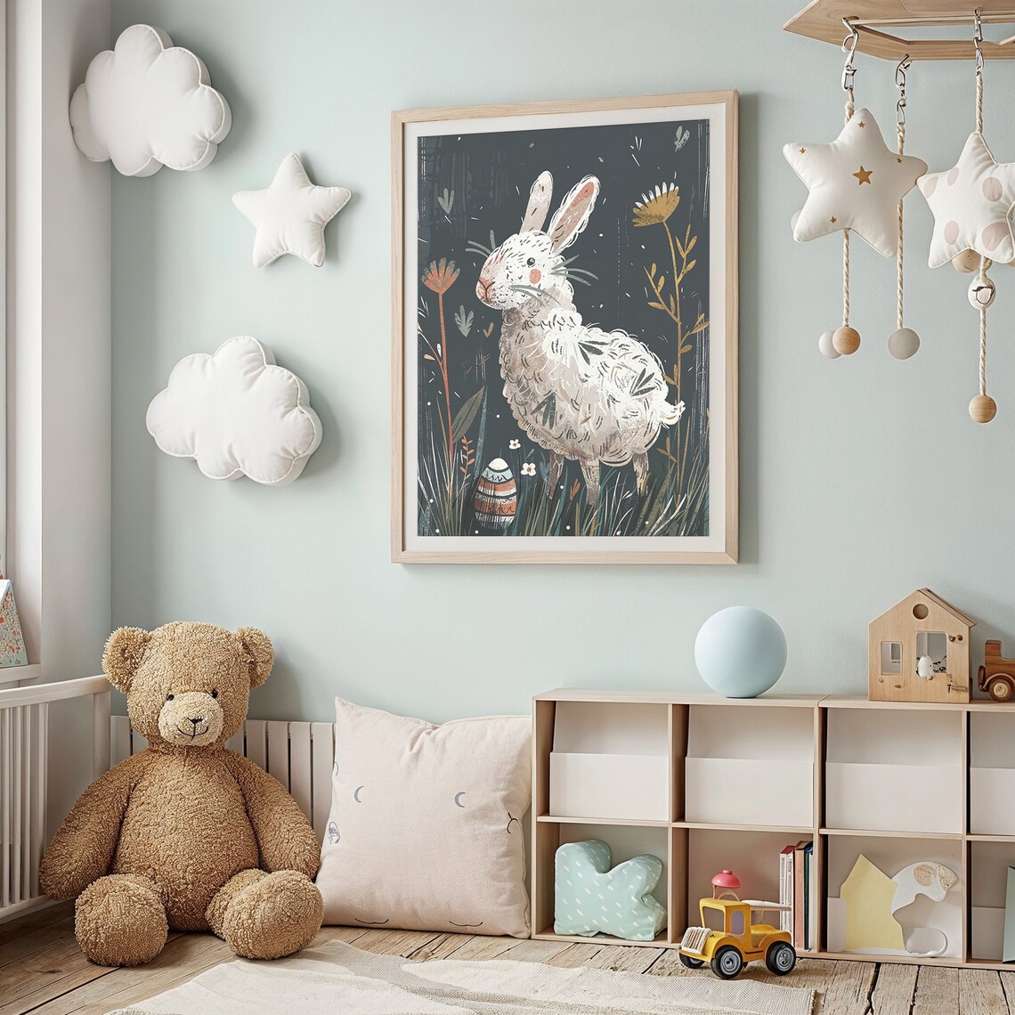 White Bunny Night Meadow Flowers Decorated Egg Storybook Poster - Image 2