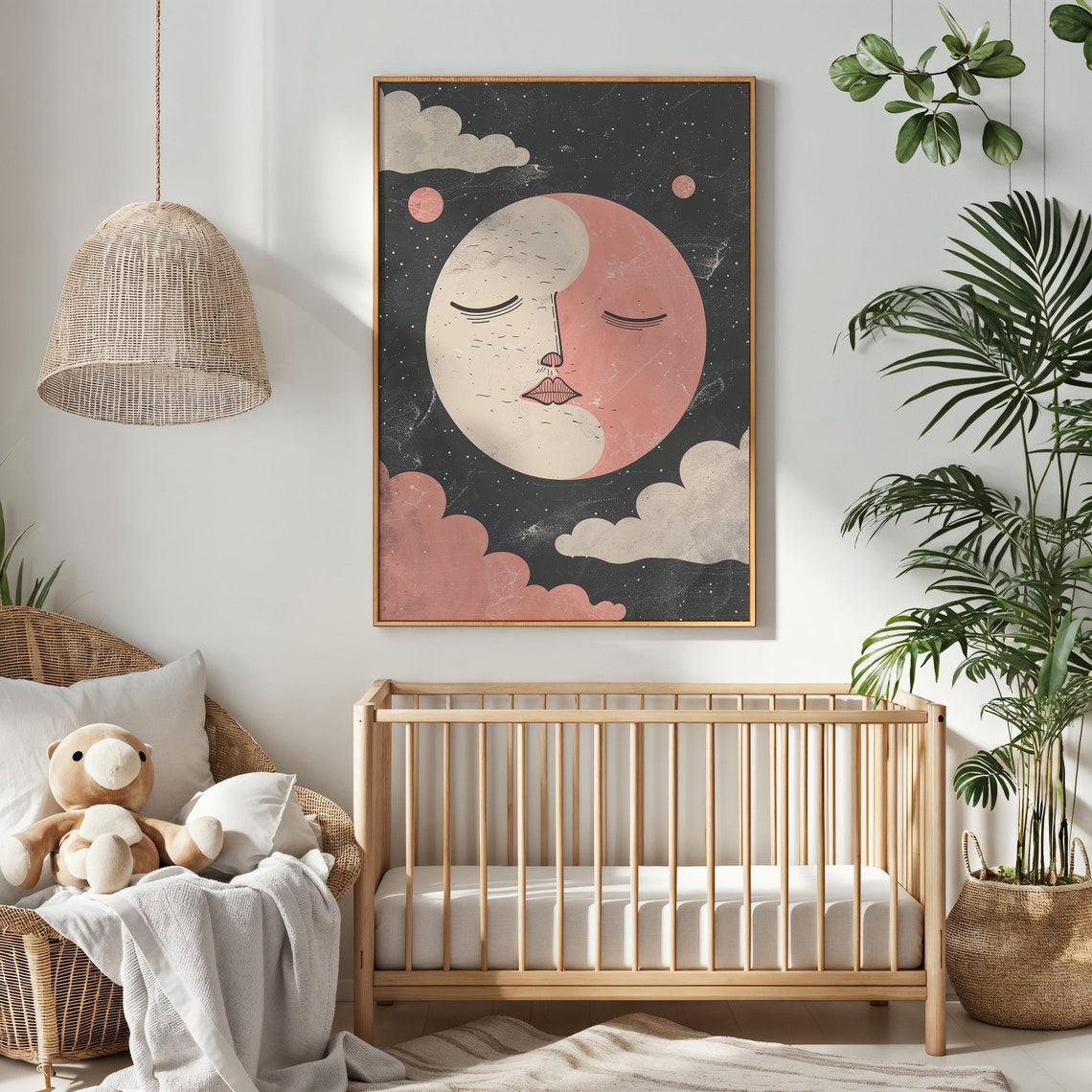 Abstract Split Moon Face Pink Cream Cosmic Starry Night Sky Poster - Image 2